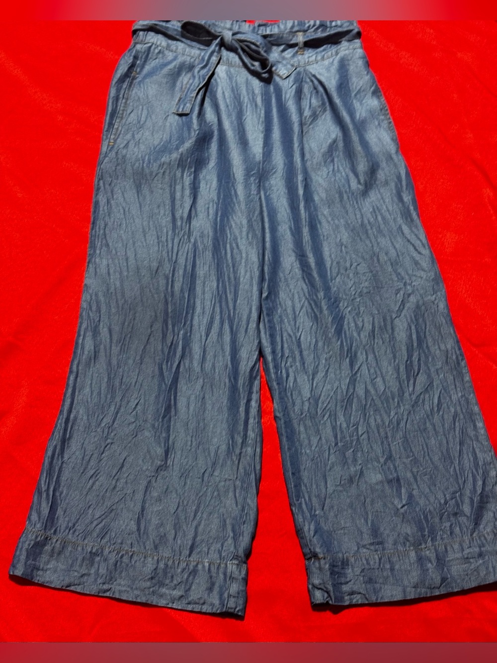 Chambray Wide-Leg Drawstring Pantsuit Pants - Blue